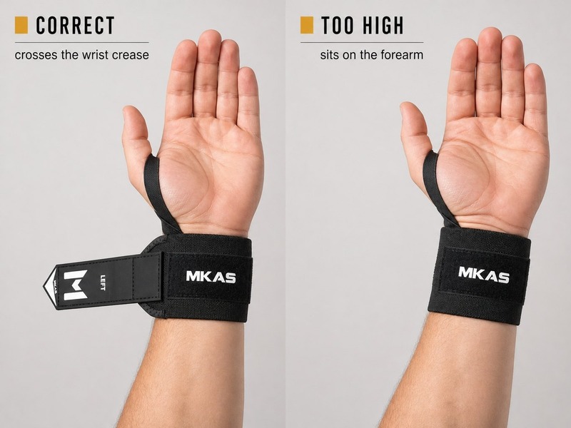 Wrist wrap position comparison: correctly crossing the wrist crease versus sitting too high on the forearm