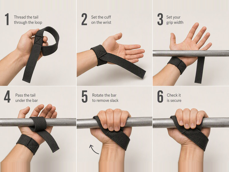 Step by step guide showing how to wrap lifting straps around a barbell