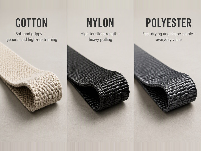 Cotton, nylon, and polyester lifting strap material comparison