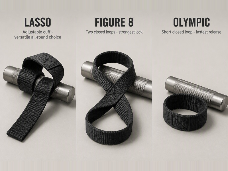 Lasso, figure 8, and Olympic lifting strap types compared